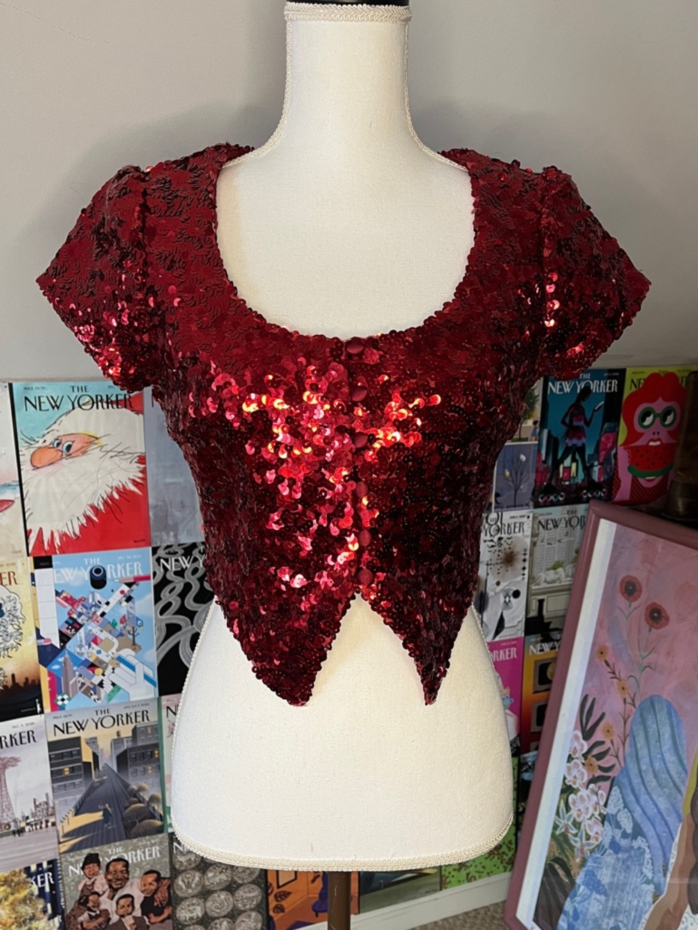 Betsey Johnson Red Sequin Pointed Hem Crop Top